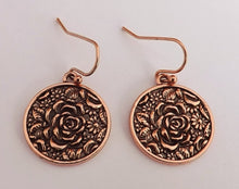 Load image into Gallery viewer, Rose Gold Tone Small Round Rose Drop Earrings
