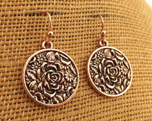 Load image into Gallery viewer, Rose Gold Tone Small Round Rose Drop Earrings
