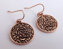 Load image into Gallery viewer, Rose Gold Tone Small Round Rose Drop Earrings
