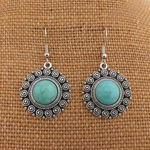 Load image into Gallery viewer, Round Faux Turquoise &amp; Silver Tone Drop Earrings
