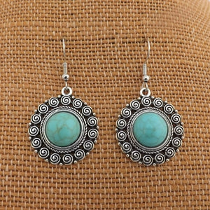 Round Faux Turquoise & Silver Tone Drop Earrings