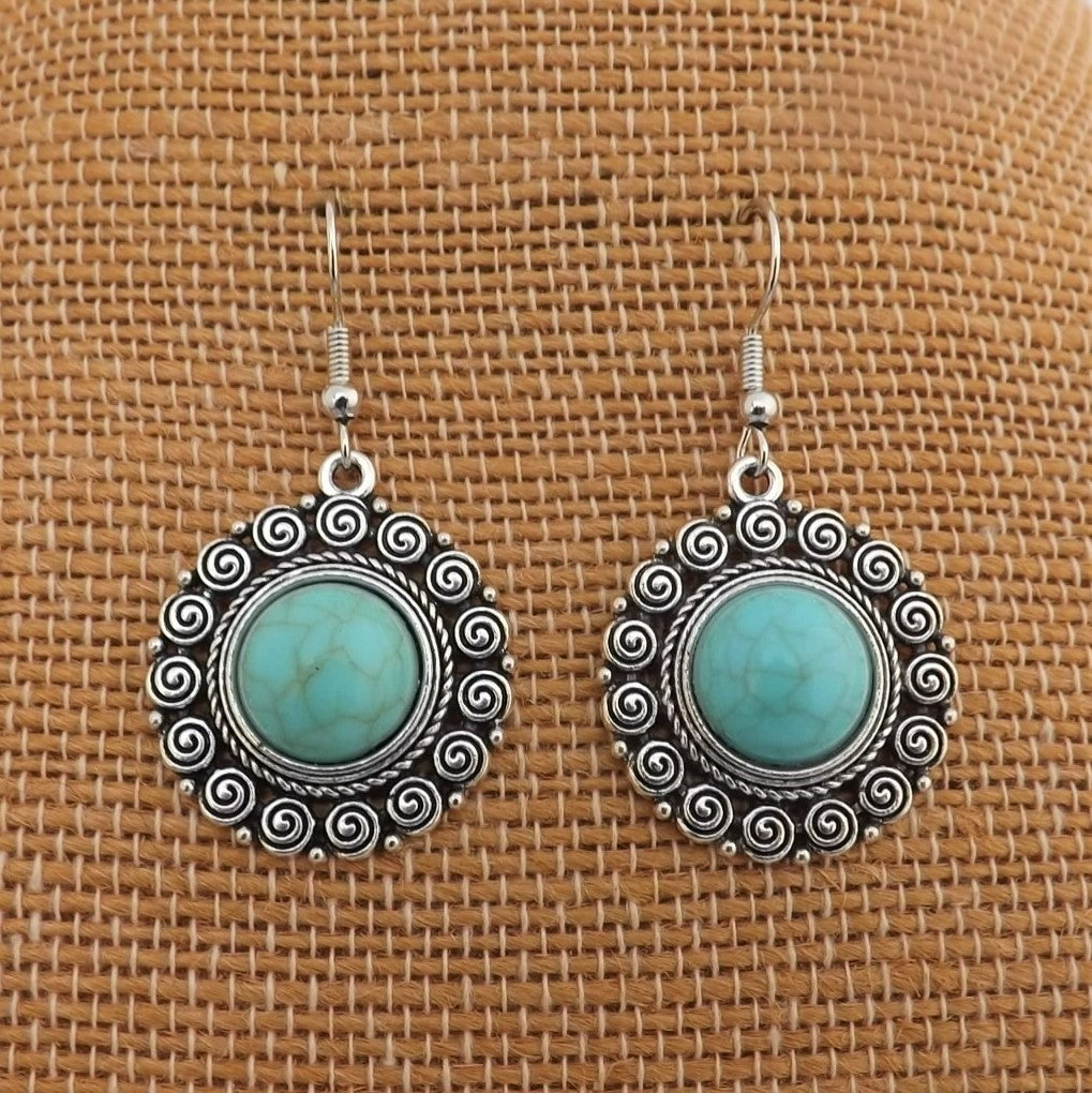 Round Faux Turquoise & Silver Tone Drop Earrings