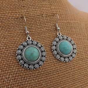 Round Faux Turquoise & Silver Tone Drop Earrings