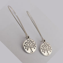 Load image into Gallery viewer, Round Silver Tone Tree of Life Earrings on Long Kidney Hooks
