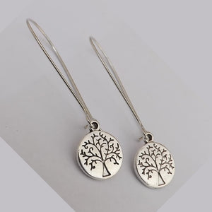 Round Silver Tone Tree of Life Earrings on Long Kidney Hooks