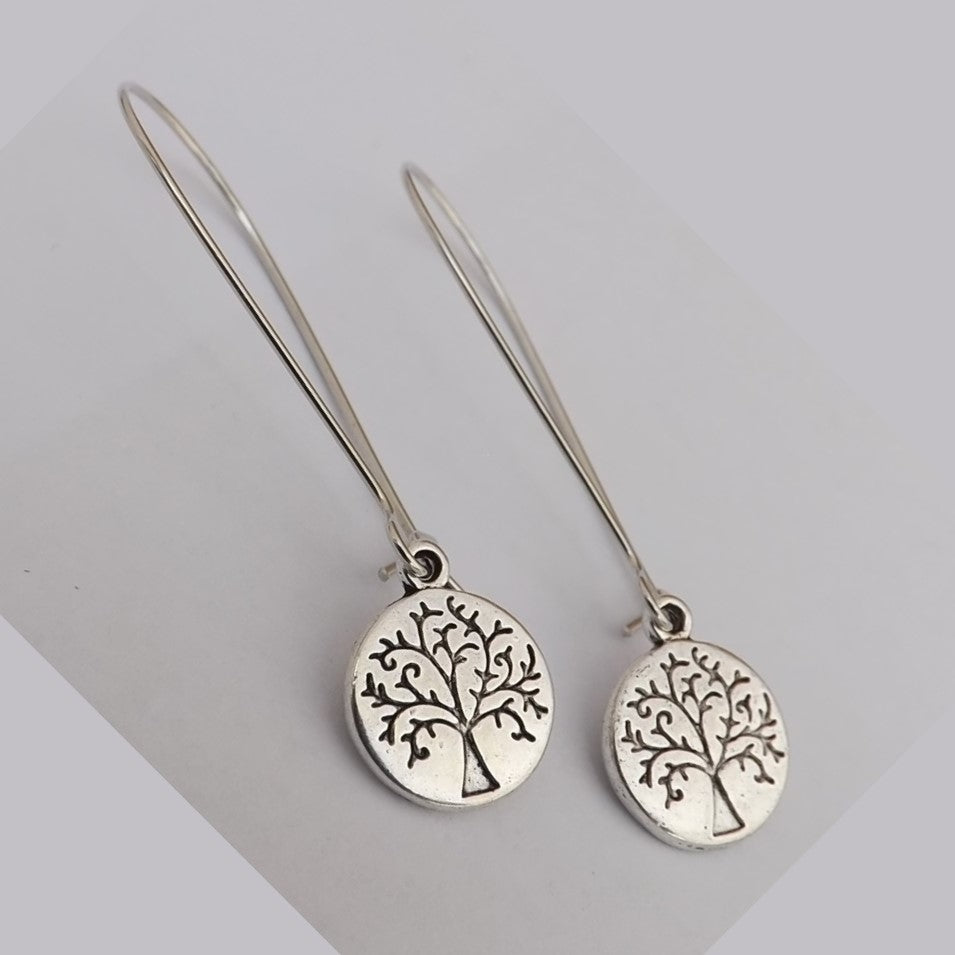 Round Silver Tone Tree of Life Earrings on Long Kidney Hooks