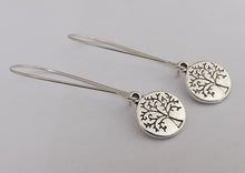 Load image into Gallery viewer, Round Silver Tone Tree of Life Earrings on Long Kidney Hooks
