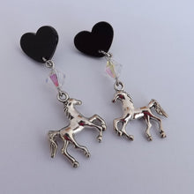 Load image into Gallery viewer, Siliver Tone Horse, Bead &amp; Black Heart, Stud Post Drop Earrings
