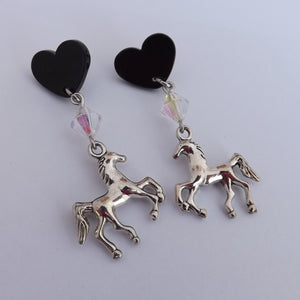 Siliver Tone Horse, Bead & Black Heart, Stud Post Drop Earrings