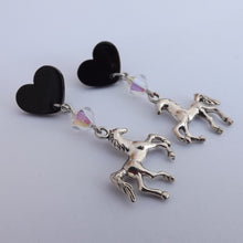 Load image into Gallery viewer, Siliver Tone Horse, Bead &amp; Black Heart, Stud Post Drop Earrings
