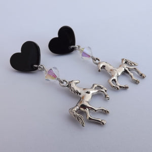 Siliver Tone Horse, Bead & Black Heart, Stud Post Drop Earrings