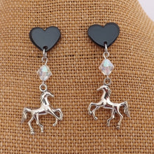 Load image into Gallery viewer, Siliver Tone Horse, Bead &amp; Black Heart, Stud Post Drop Earrings
