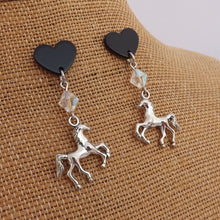 Load image into Gallery viewer, Siliver Tone Horse, Bead &amp; Black Heart, Stud Post Drop Earrings
