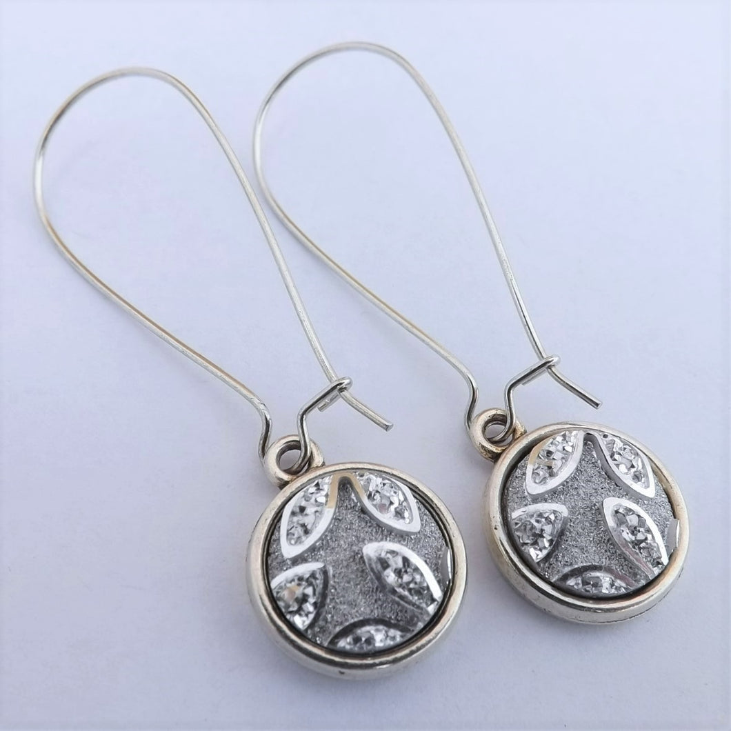 Silver Floral Dome Earrings, Long Kidney Hooks