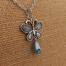 Load image into Gallery viewer, Silver Tone Butterfly &amp; Crystal Drop Pendant Necklace
