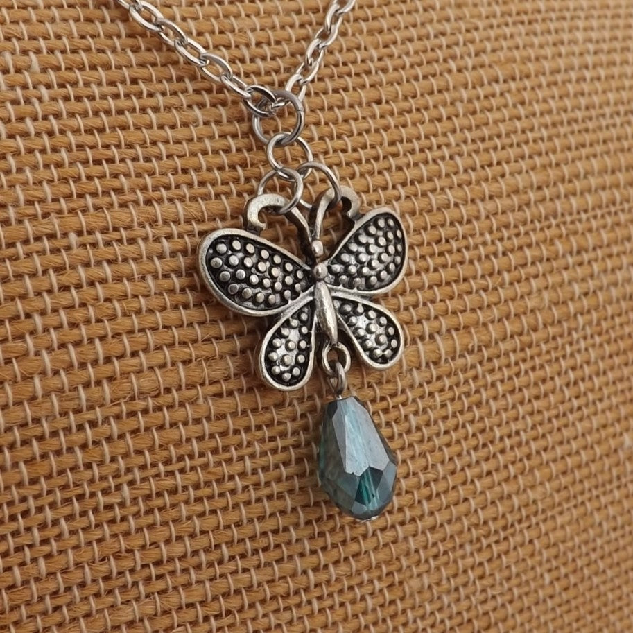 Silver Tone Butterfly & Crystal Drop Pendant Necklace