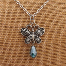 Load image into Gallery viewer, Silver Tone Butterfly &amp; Crystal Drop Pendant Necklace
