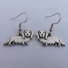 Load image into Gallery viewer, Silver Tone Long Hair Dachshund (Sausage or Wiener Dog) Earrings
