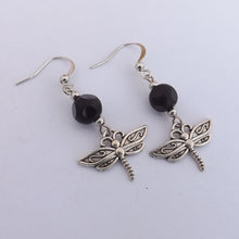 Load image into Gallery viewer, Silver Tone Dragonfly &amp; Black Bead Earrings
