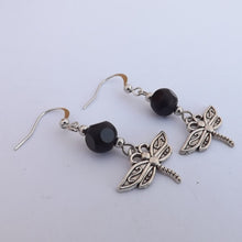 Load image into Gallery viewer, Silver Tone Dragonfly &amp; Black Bead Earrings
