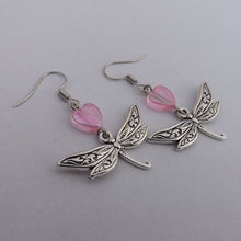 Load image into Gallery viewer, Silver Tone Dragonfly &amp; Pink Heart Drop Earrings
