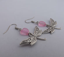 Load image into Gallery viewer, Silver Tone Dragonfly &amp; Pink Heart Drop Earrings
