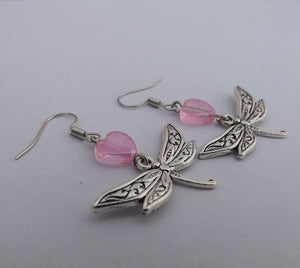 Silver Tone Dragonfly & Pink Heart Drop Earrings