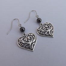 Load image into Gallery viewer, Silver Tone Filigree Heart &amp; Hematite Bead Drop Earrings
