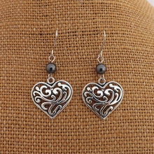 Load image into Gallery viewer, Silver Tone Filigree Heart &amp; Hematite Bead Drop Earrings
