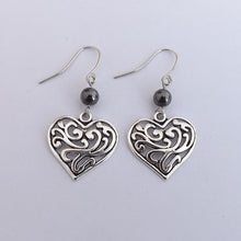 Load image into Gallery viewer, Silver Tone Filigree Heart &amp; Hematite Bead Drop Earrings
