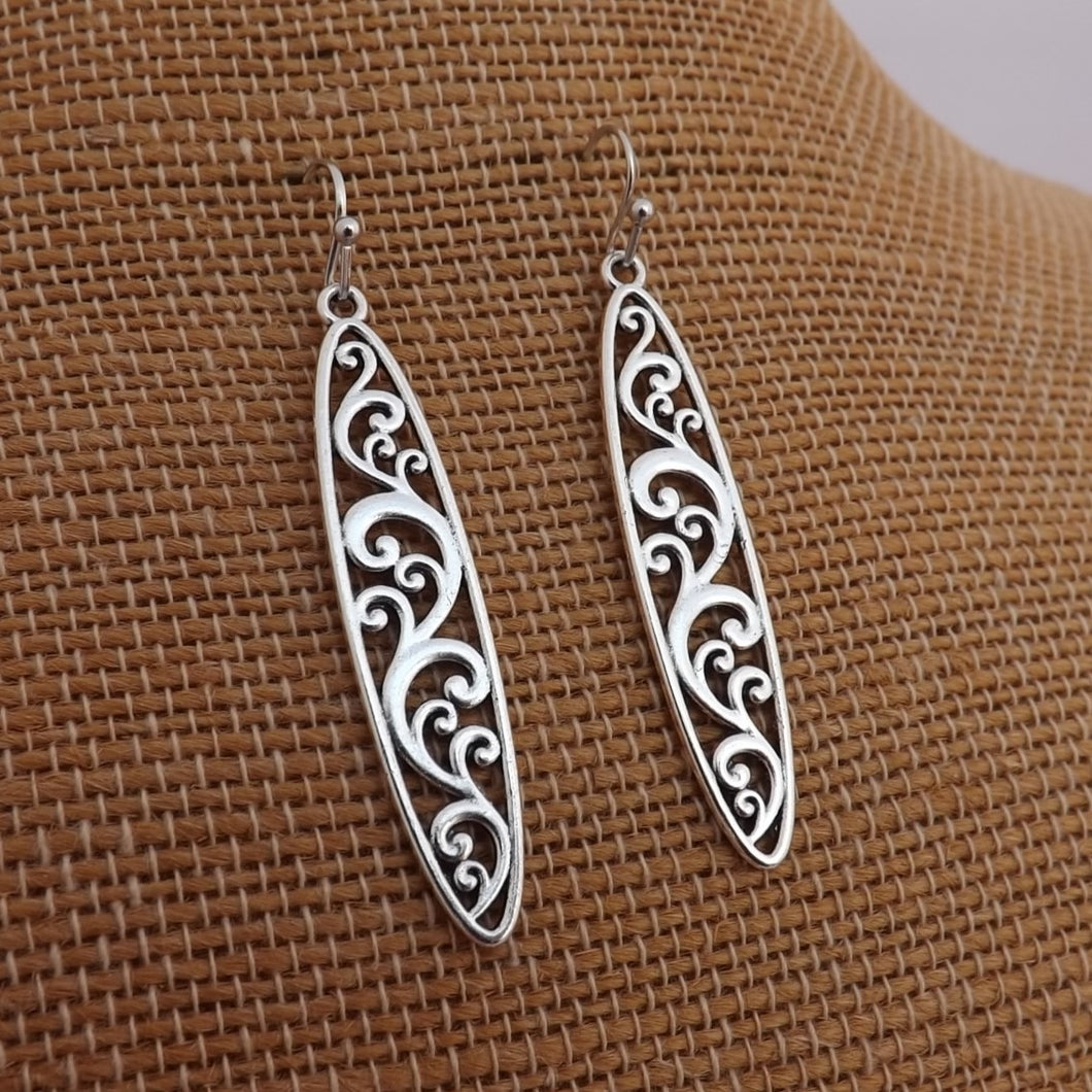 Silver Tone Filigree Oval Drop Earrings