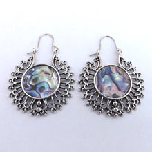 Load image into Gallery viewer, Silver Tone Filigree &amp; Paua Print Hoop Style Earrings
