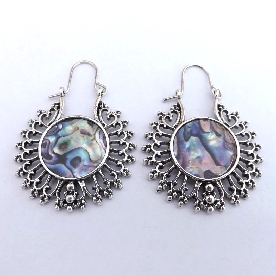 Silver Tone Filigree & Paua Print Hoop Style Earrings