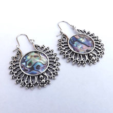 Load image into Gallery viewer, Silver Tone Filigree &amp; Paua Print Hoop Style Earrings
