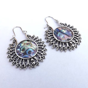 Silver Tone Filigree & Paua Print Hoop Style Earrings