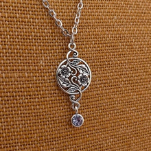 Load image into Gallery viewer, Silver Tone Floral Pendant with Purple Rhinestone Drop
