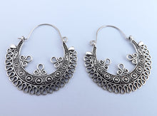 Load image into Gallery viewer, Silver Tone Filigree Hoop Drop Earrings
