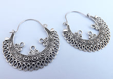 Load image into Gallery viewer, Silver Tone Filigree Hoop Drop Earrings
