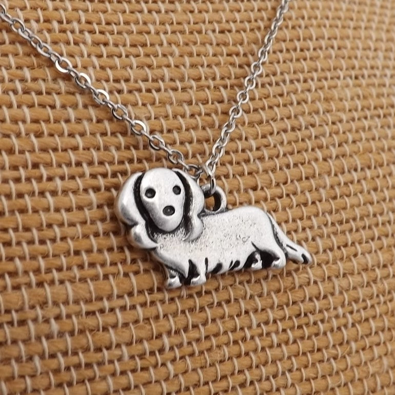 Silver Tone Long Hair Dachshund (Sausage or Wiener Dog) Pendant Necklace