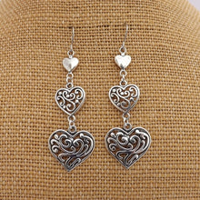 Load image into Gallery viewer, Silver Tone Triple Filigree Heart Drop Earrings
