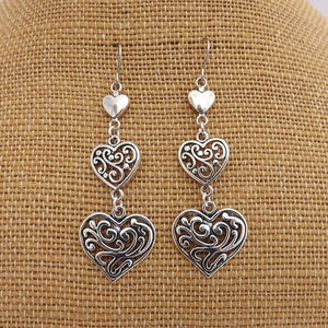 Silver Tone Triple Filigree Heart Drop Earrings