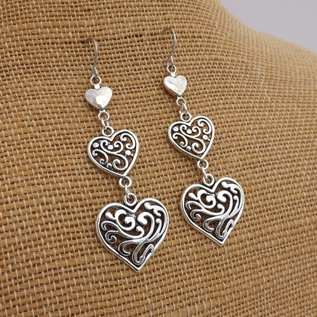 Silver Tone Triple Filigree Heart Drop Earrings