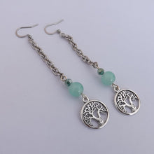 Load image into Gallery viewer, Silver Town Tree, Chain &amp; Light Teal Bead Handmade Long Drop Earrings
