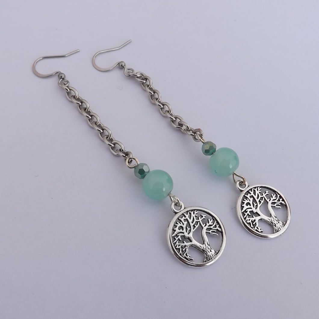Silver Town Tree, Chain & Light Teal Bead Handmade Long Drop Earrings