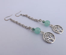 Load image into Gallery viewer, Silver Town Tree, Chain &amp; Light Teal Bead Handmade Long Drop Earrings

