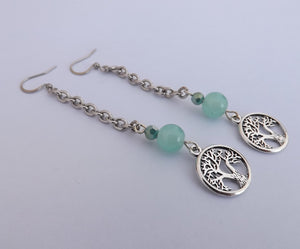 Silver Town Tree, Chain & Light Teal Bead Handmade Long Drop Earrings