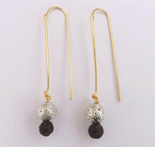 Load image into Gallery viewer, Silver &amp; Black Bead on Long Gold Tone Boho Drop Earrings
