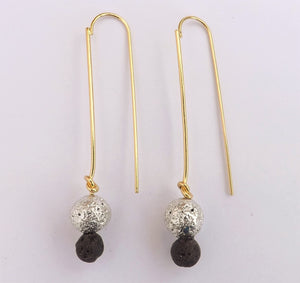 Silver & Black Bead on Long Gold Tone Boho Drop Earrings