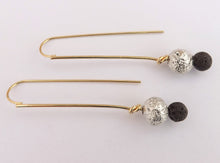 Load image into Gallery viewer, Silver &amp; Black Bead on Long Gold Tone Boho Drop Earrings
