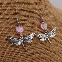 Load image into Gallery viewer, Silver Tone Dragonfly &amp; Pink Heart Drop Earrings
